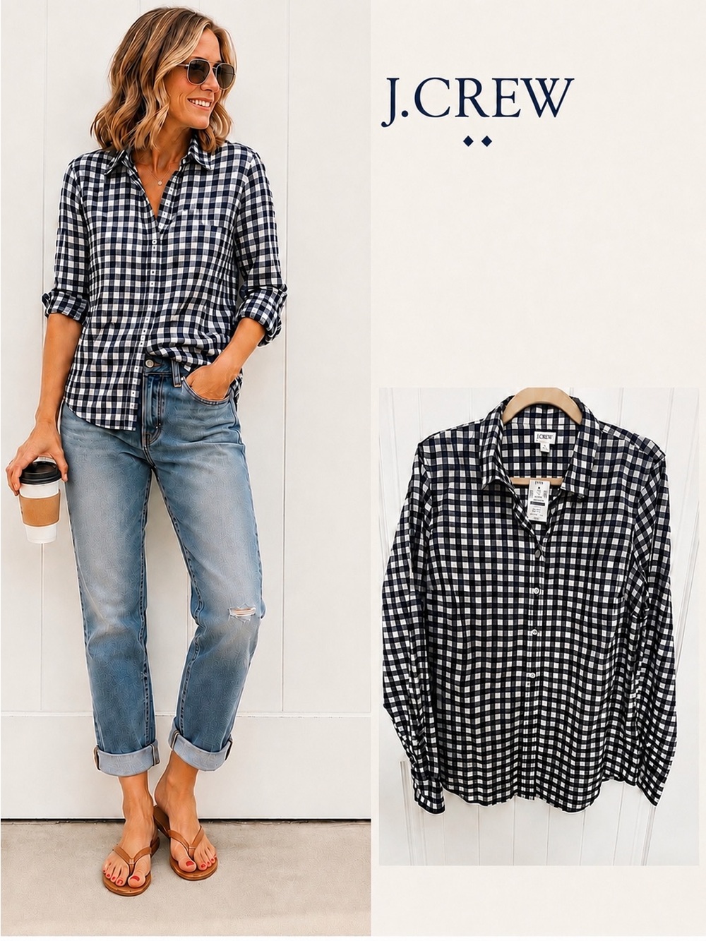 J. Crew Navy and White Gingham Button-Up Shirt